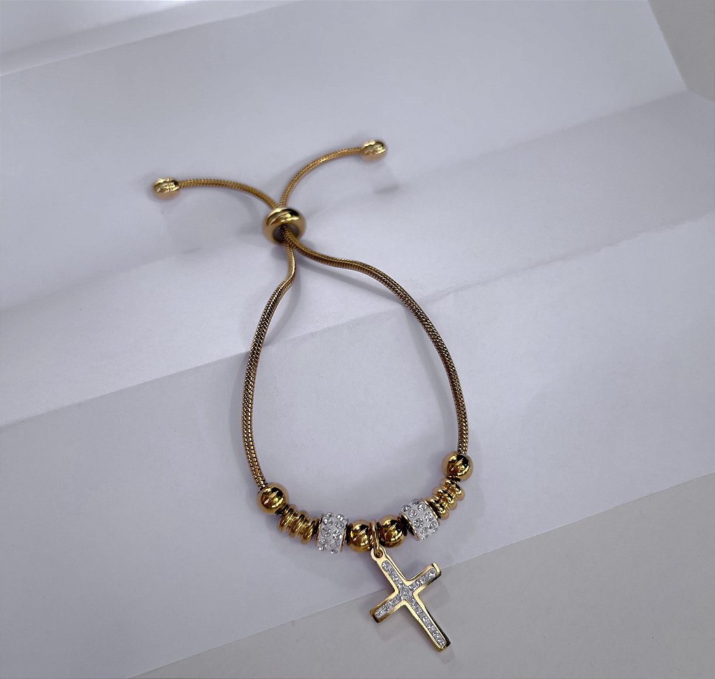 Pulseira de Aço Inox Dora 17 cm com Berloque de Cruz e Separador com Strass