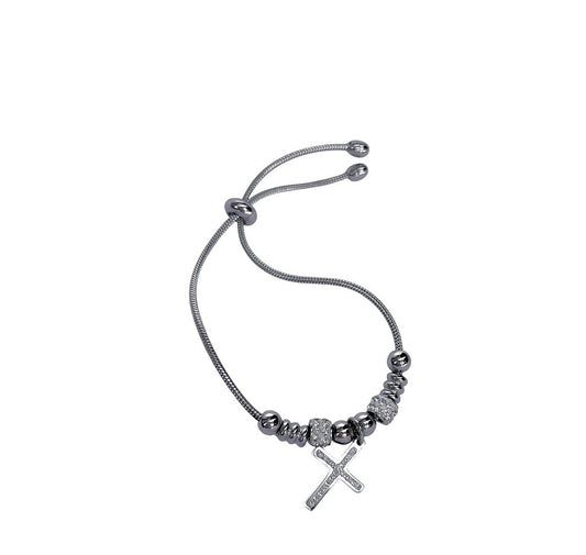 Pulseira de Aço Inox Dora 17 cm com Berloque de Cruz e Separador com Strass