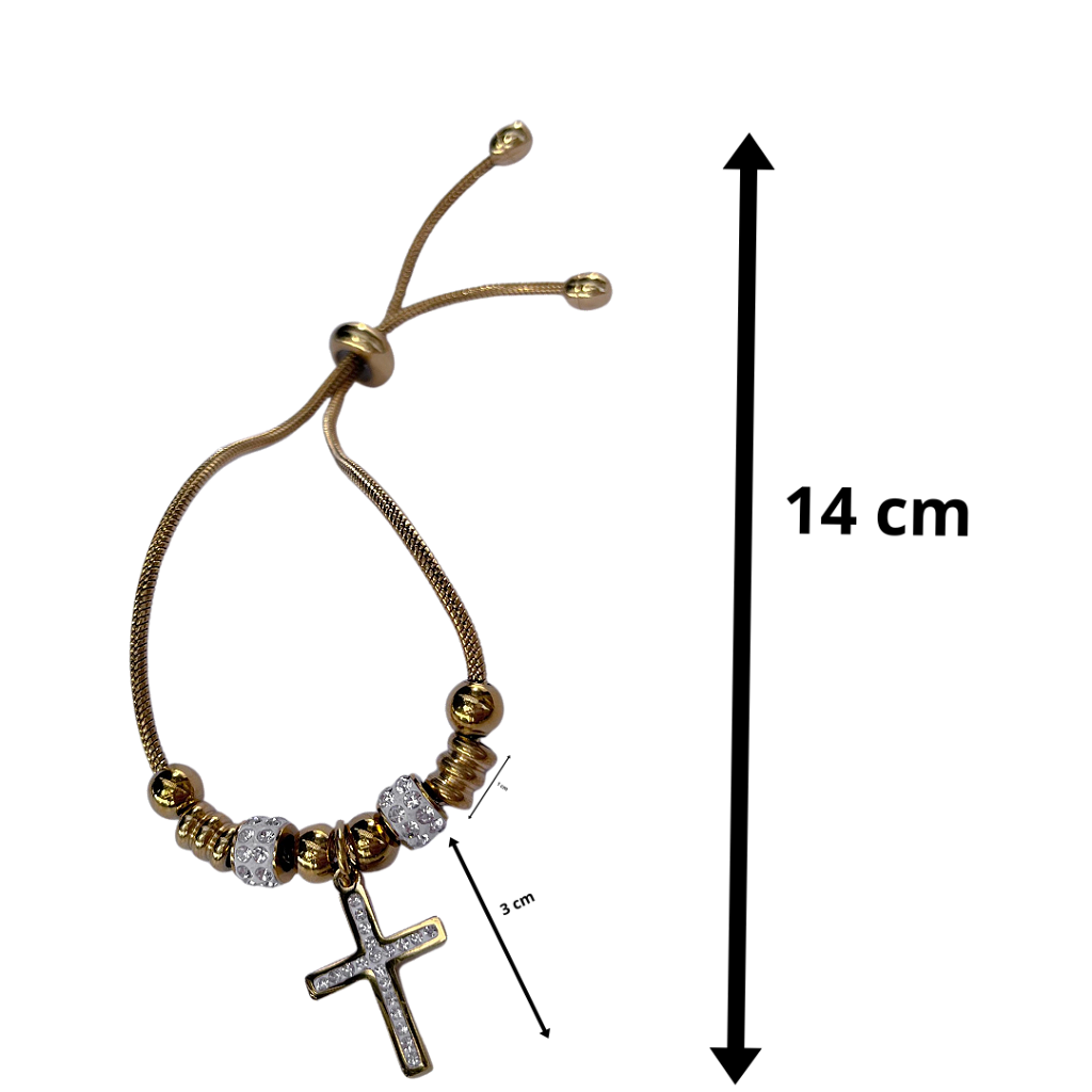 Pulseira de Aço Inox Dora 17 cm com Berloque de Cruz e Separador com Strass