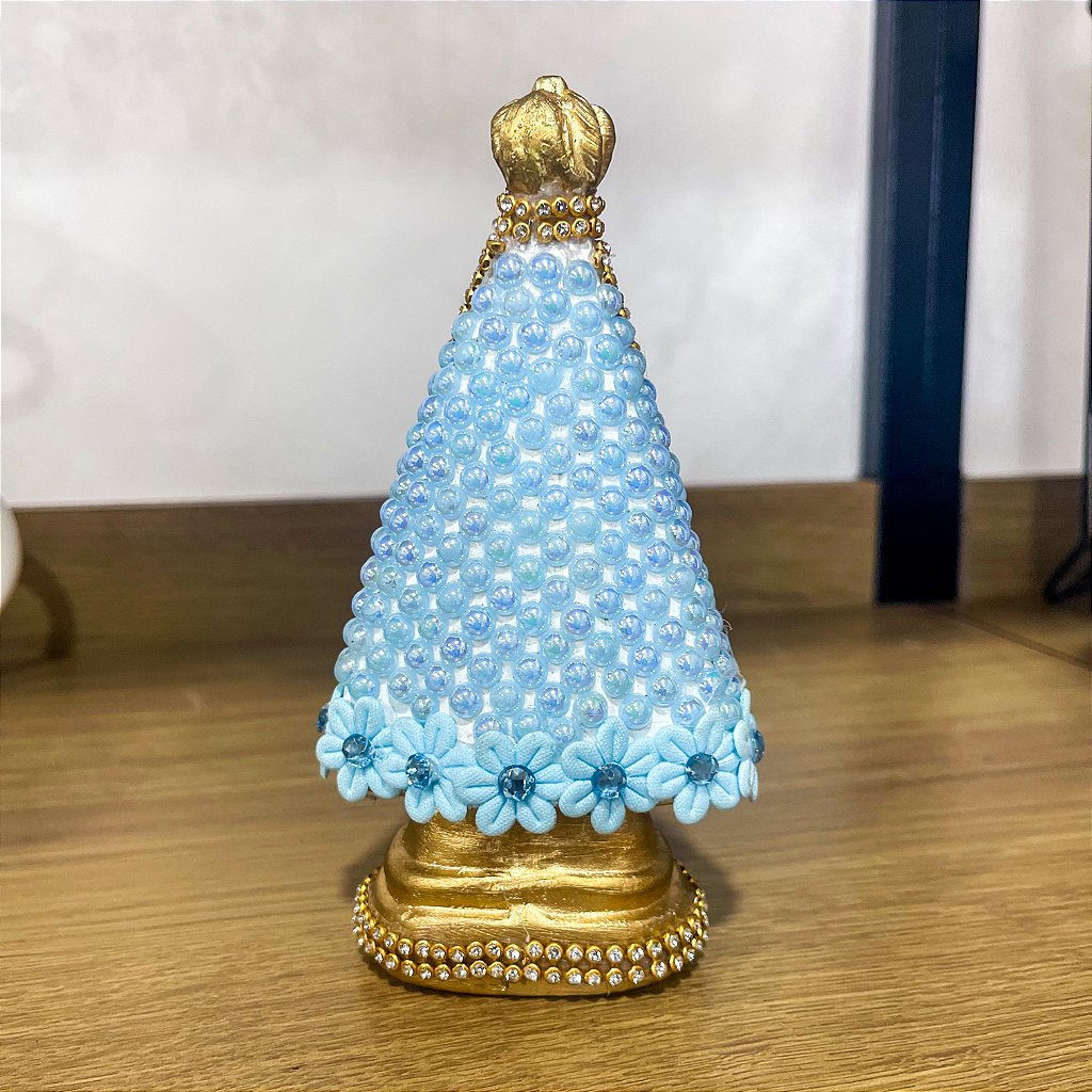 Imagem de Nossa Senhora Aparecida em flores e pedrarias em gesso - 17 cm
