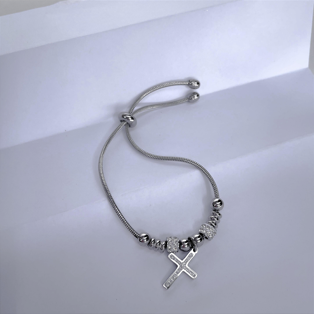 Pulseira de Aço Inox Dora 17 cm com Berloque de Cruz e Separador com Strass