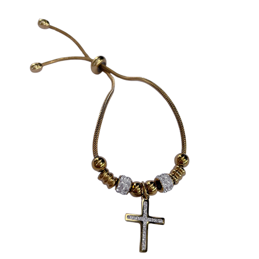 Pulseira de Aço Inox Dora 17 cm com Berloque de Cruz e Separador com Strass