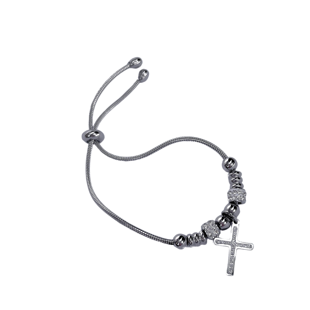 Pulseira de Aço Inox Dora 17 cm com Berloque de Cruz e Separador com Strass