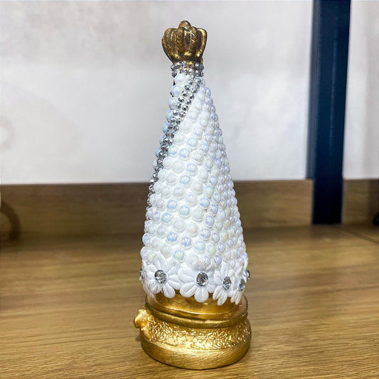 Imagem de Nossa Senhora Aparecida em flores e pedrarias em gesso - 17 cm