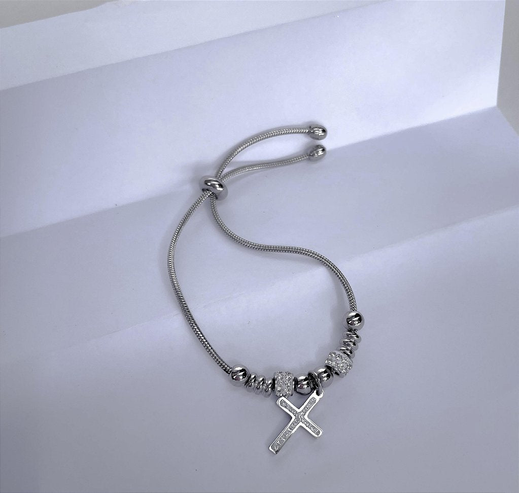 Pulseira de Aço Inox Dora 17 cm com Berloque de Cruz e Separador com Strass
