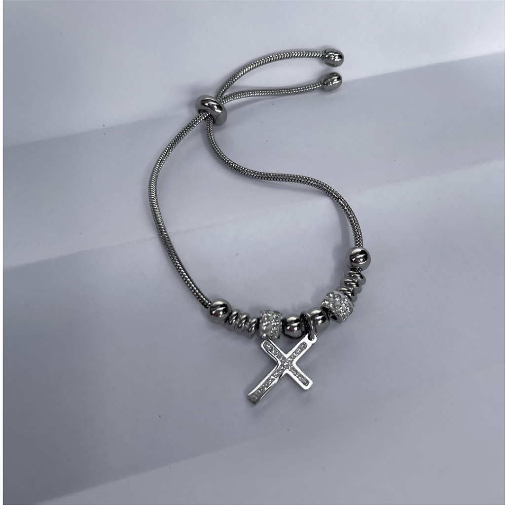 Pulseira de Aço Inox Dora 17 cm com Berloque de Cruz e Separador com Strass
