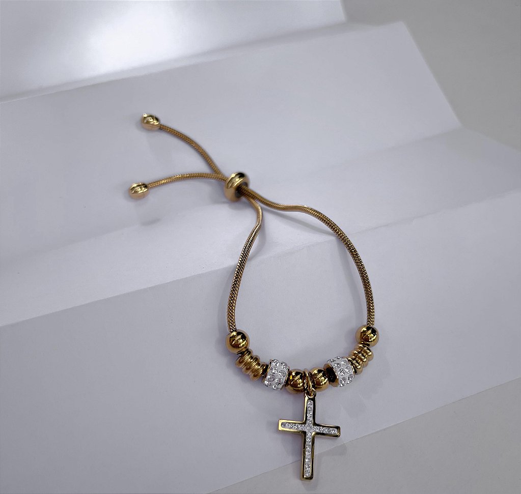 Pulseira de Aço Inox Dora 17 cm com Berloque de Cruz e Separador com Strass