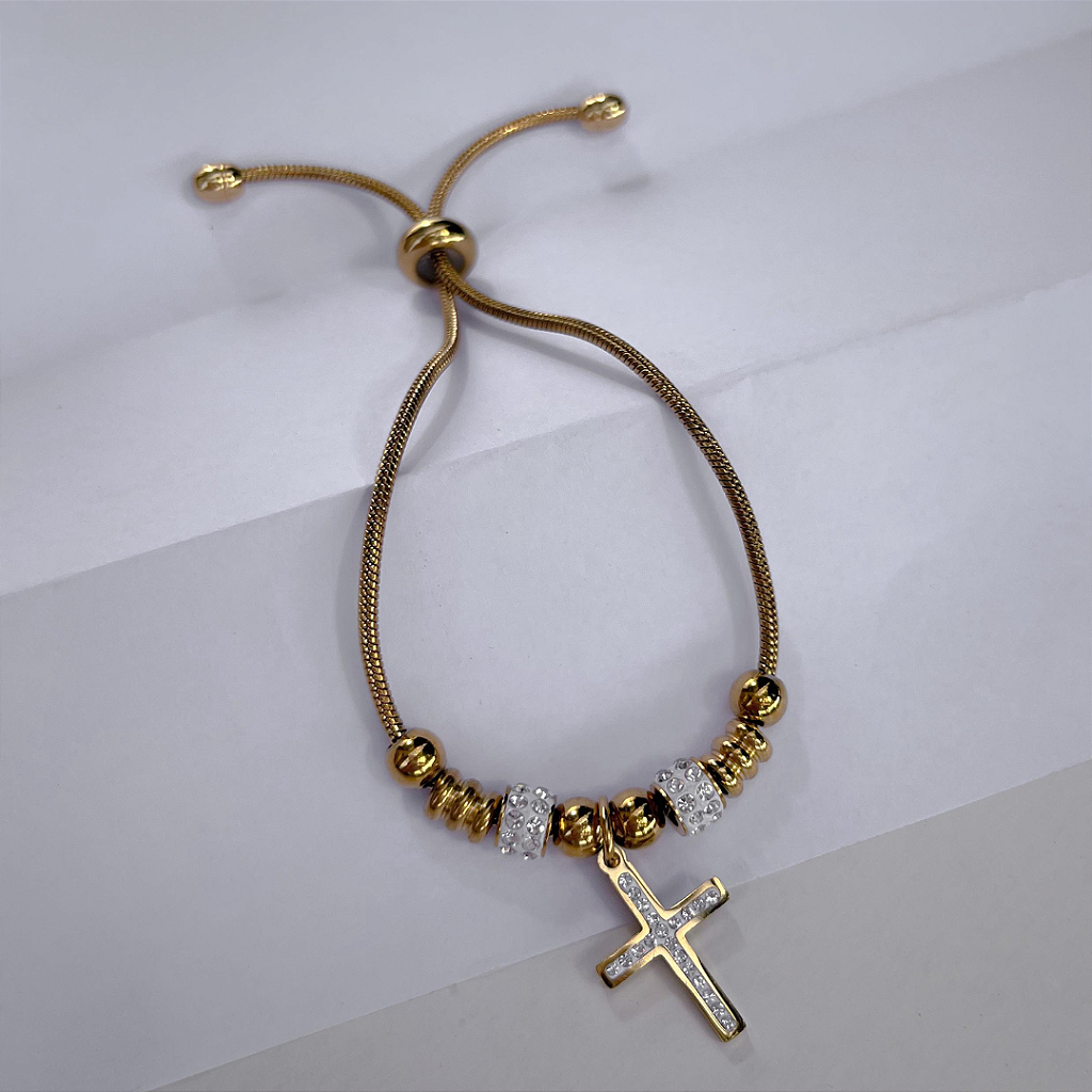 Pulseira de Aço Inox Dora 17 cm com Berloque de Cruz e Separador com Strass