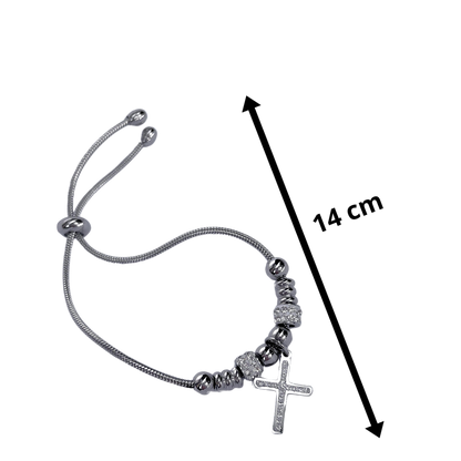 Pulseira de Aço Inox Dora 17 cm com Berloque de Cruz e Separador com Strass