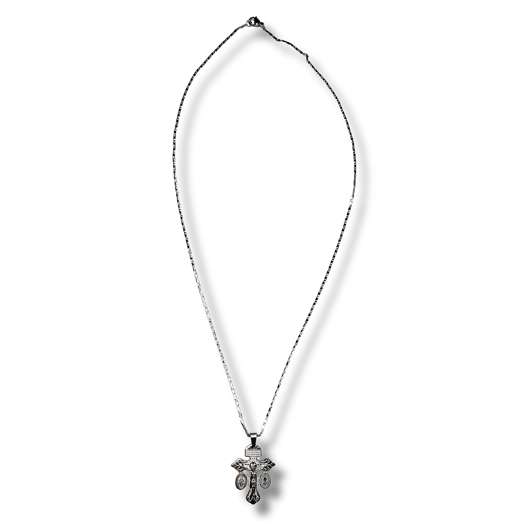 Colar Cruz Estilizada com Medalhas de Devoções em Aço Inox Prata – 32cm