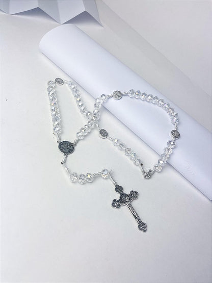 Terço São Bento em Cristal, Crucifixo Medalha com decho (para pescoço)- 45 cm