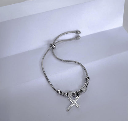 Pulseira de Aço Inox Dora 17 cm com Berloque de Cruz e Separador com Strass