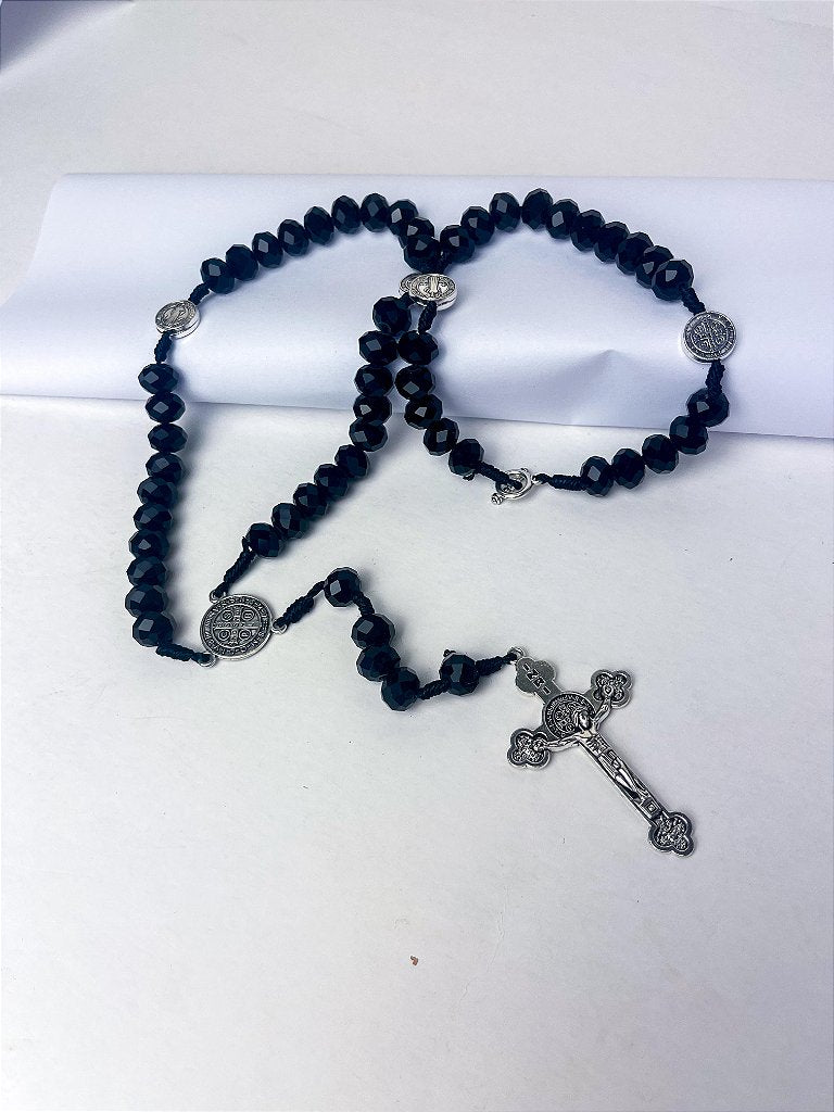 Terço São Bento em Cristal, Crucifixo Medalha com decho (para pescoço)- 45 cm