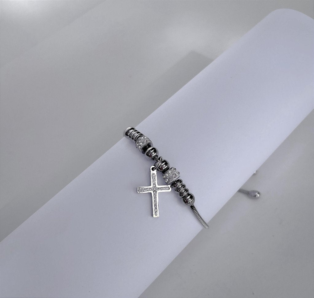 Pulseira de Aço Inox Dora 17 cm com Berloque de Cruz e Separador com Strass