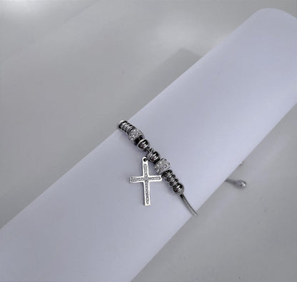 Pulseira de Aço Inox Dora 17 cm com Berloque de Cruz e Separador com Strass