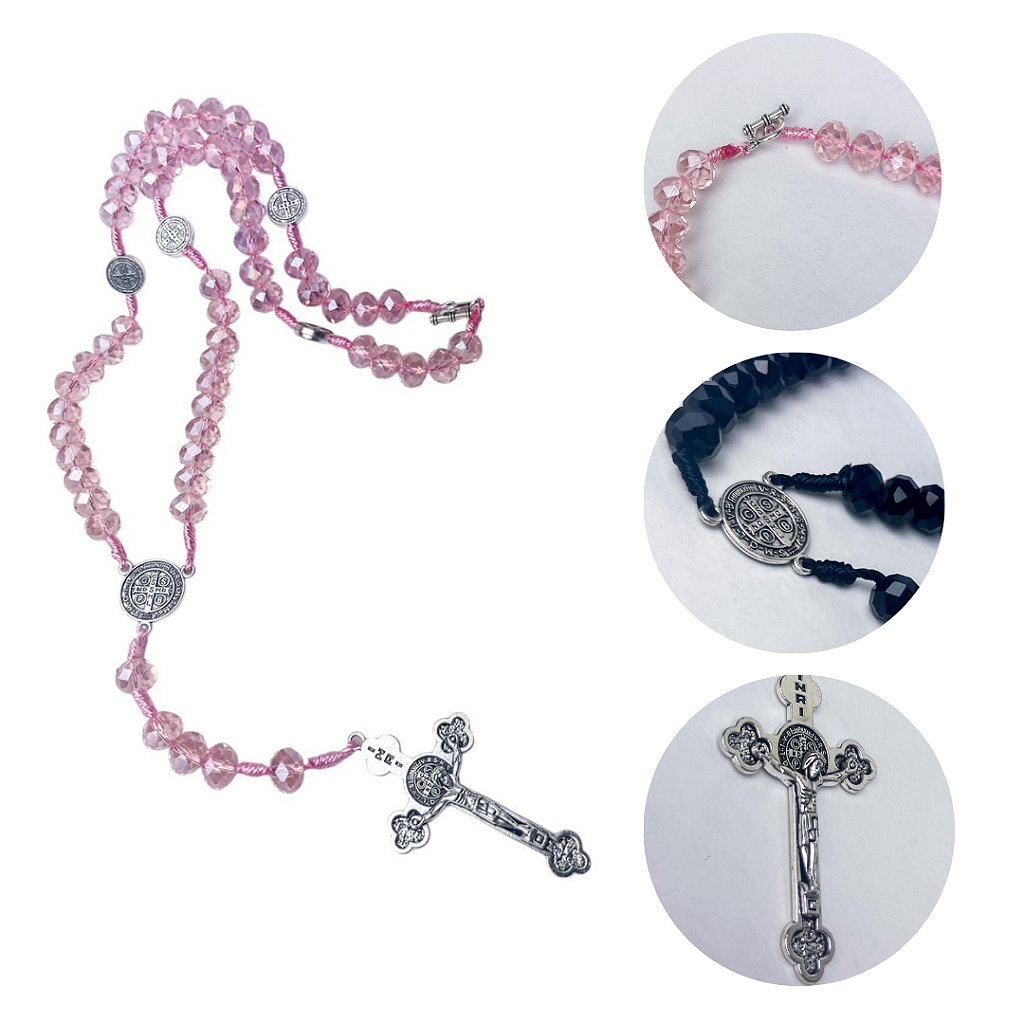 Terço São Bento em Cristal, Crucifixo Medalha com decho (para pescoço)- 45 cm