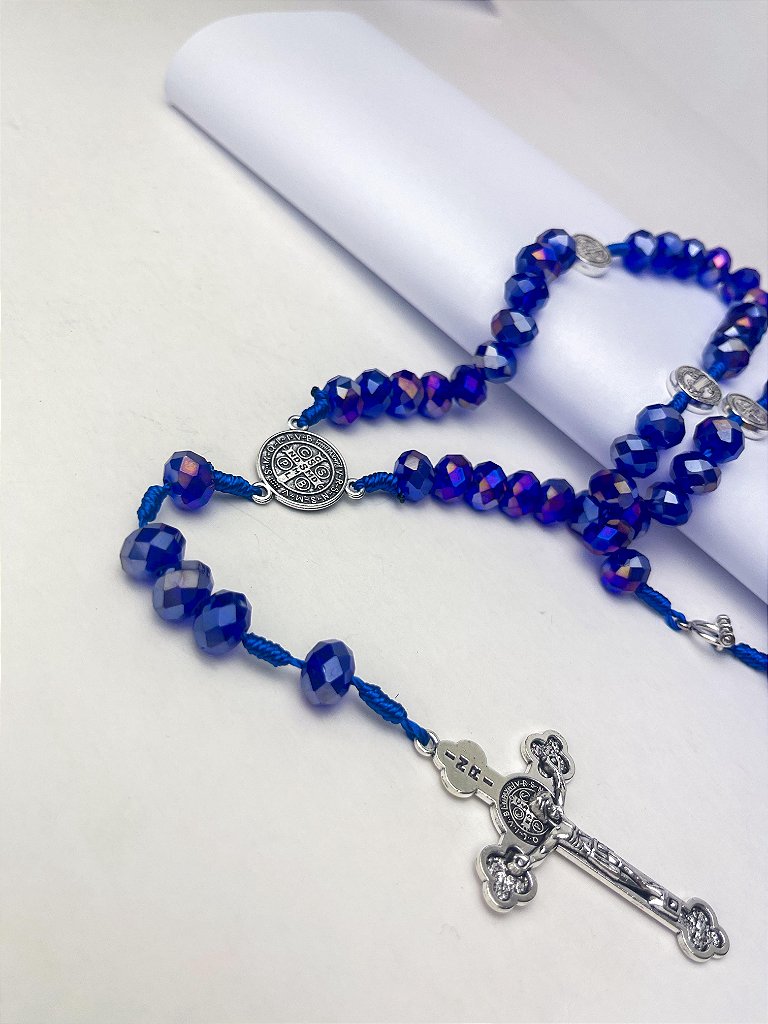 Terço São Bento em Cristal, Crucifixo Medalha com decho (para pescoço)- 45 cm