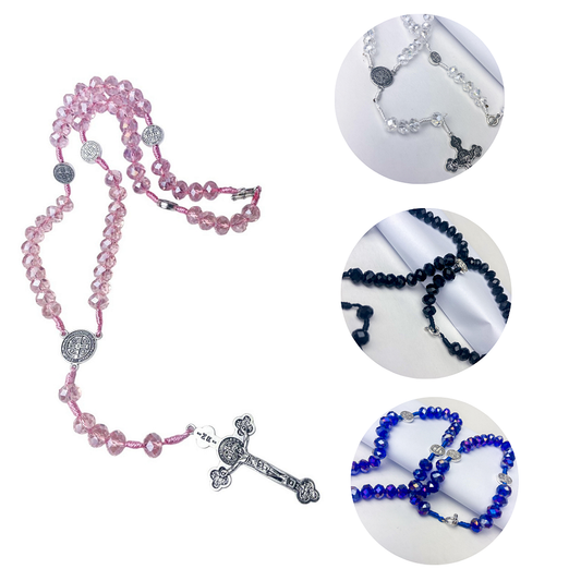 Terço São Bento em Cristal, Crucifixo Medalha com decho (para pescoço)- 45 cm