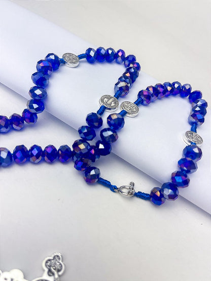 Terço São Bento em Cristal, Crucifixo Medalha com decho (para pescoço)- 45 cm