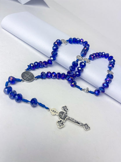 Terço São Bento em Cristal, Crucifixo Medalha com decho (para pescoço)- 45 cm