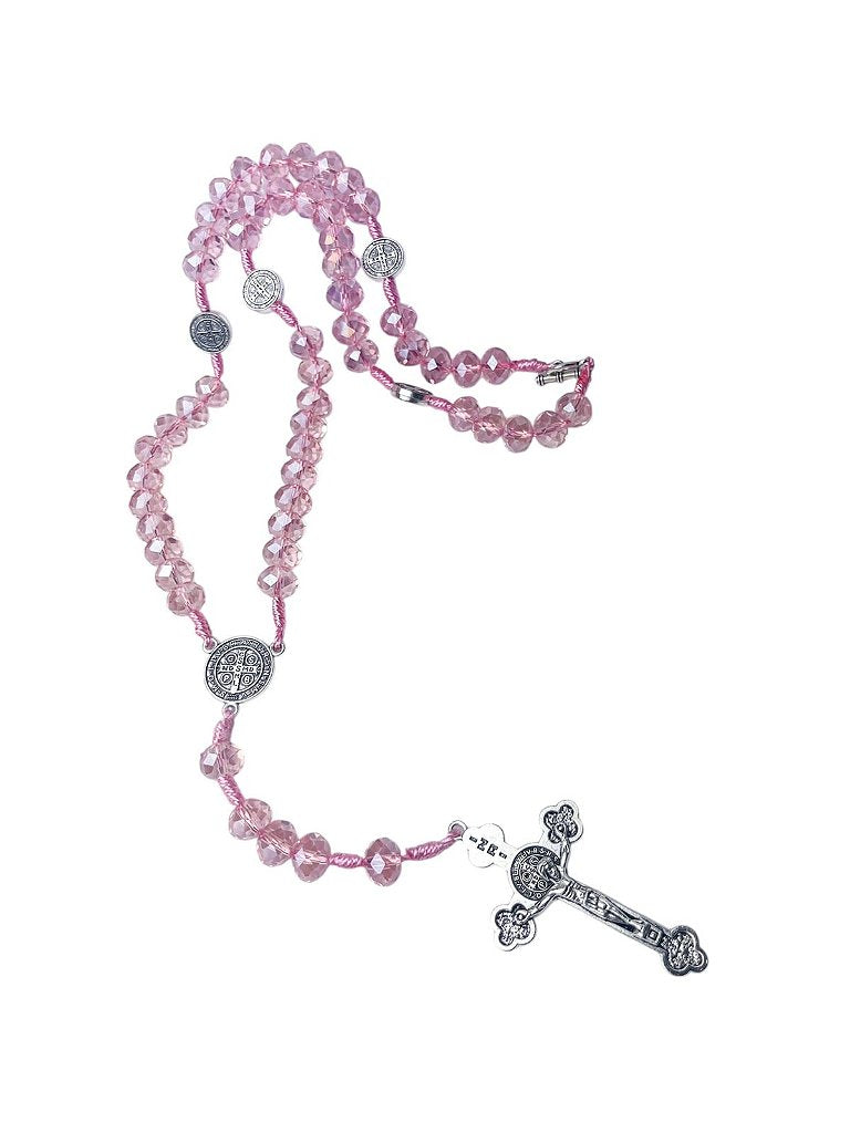 Terço São Bento em Cristal, Crucifixo Medalha com decho (para pescoço)- 45 cm