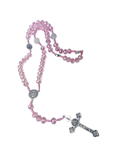 Terço São Bento em Cristal, Crucifixo Medalha com decho (para pescoço)- 45 cm