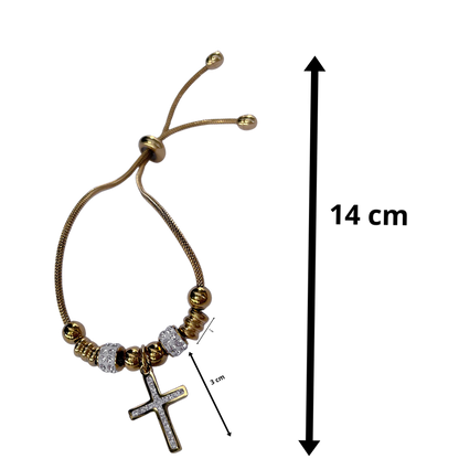 Pulseira de Aço Inox Dora 17 cm com Berloque de Cruz e Separador com Strass