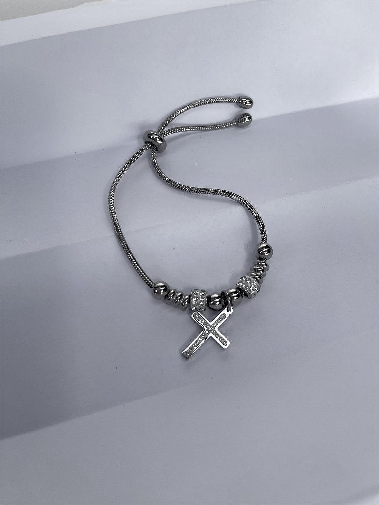 Pulseira de Aço Inox Dora 17 cm com Berloque de Cruz e Separador com Strass