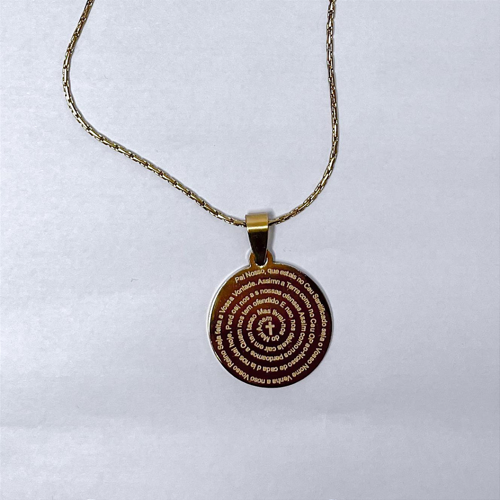 Colar de Aço Inox Dourado com Medalha redonda com Oração do Pai Nosso