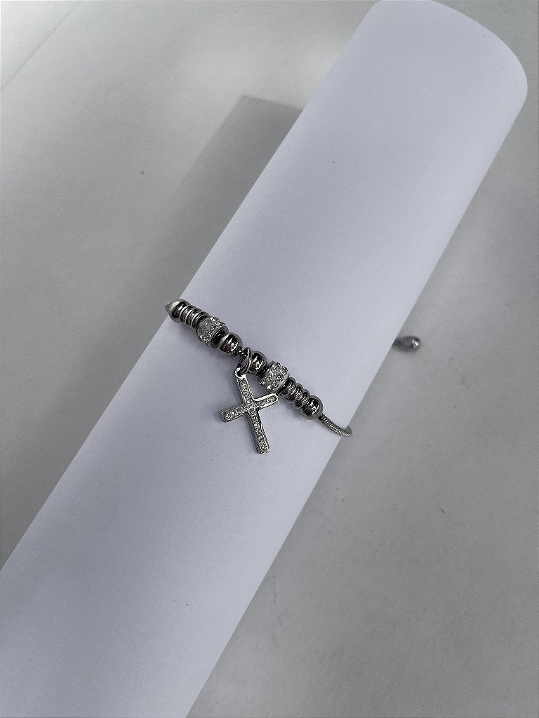 Pulseira de Aço Inox Dora 17 cm com Berloque de Cruz e Separador com Strass