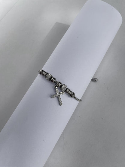 Pulseira de Aço Inox Dora 17 cm com Berloque de Cruz e Separador com Strass