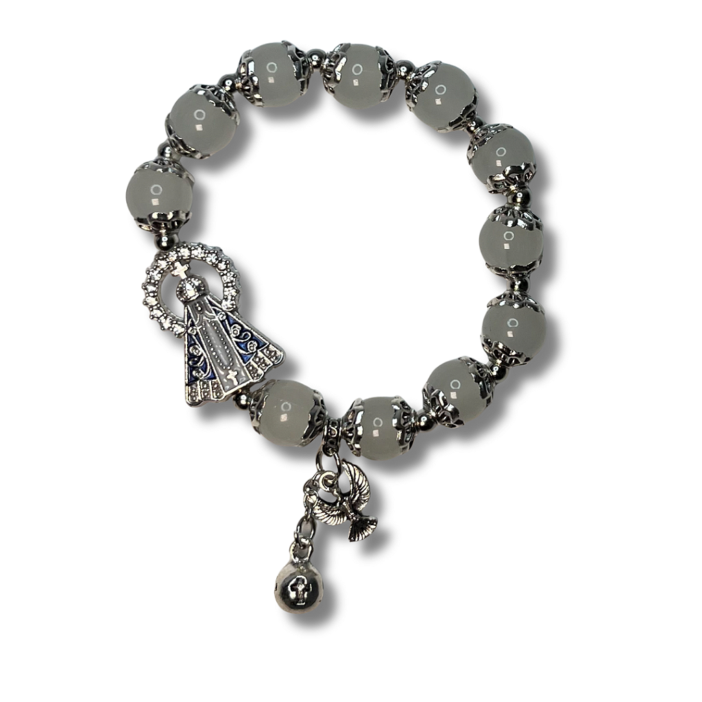 Pulseira de Miçanga com Pingente de Nossa Senhora Aparecida e Espírito Santo
