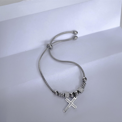 Pulseira de Aço Inox Dora 17 cm com Berloque de Cruz e Separador com Strass