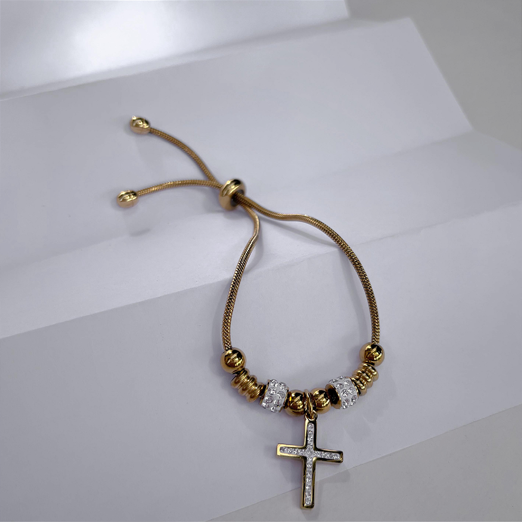 Pulseira de Aço Inox Dora 17 cm com Berloque de Cruz e Separador com Strass