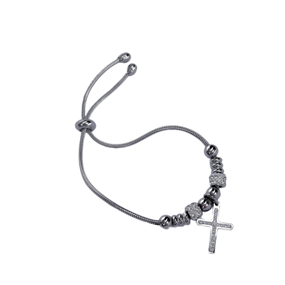 Pulseira de Aço Inox Dora 17 cm com Berloque de Cruz e Separador com Strass