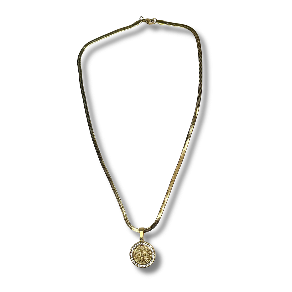 Colar com Medalha de São Bento Cravejada em Aço Inox – 23cm