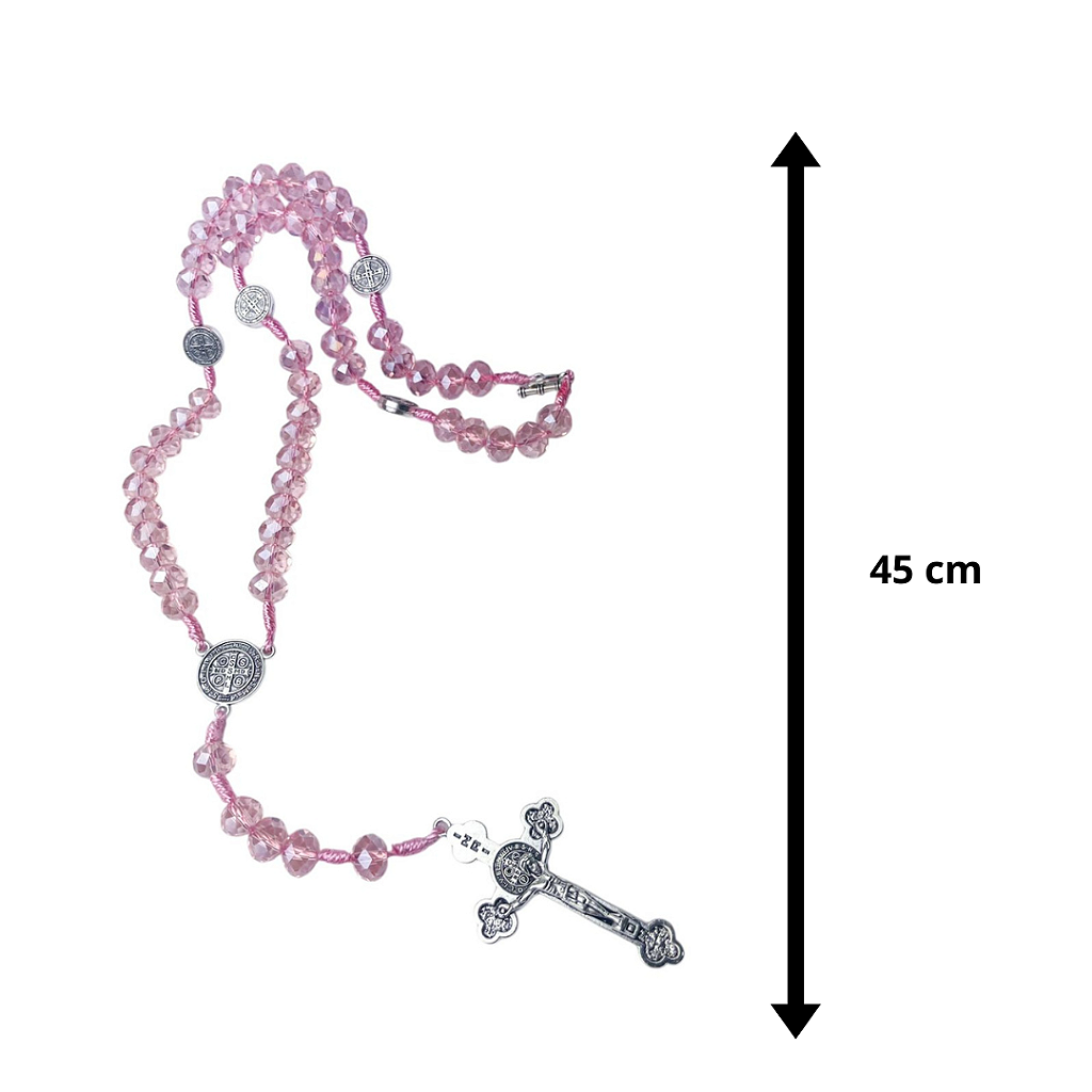 Terço São Bento em Cristal, Crucifixo Medalha com decho (para pescoço)- 45 cm