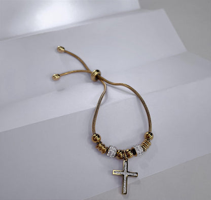 Pulseira de Aço Inox Dora 17 cm com Berloque de Cruz e Separador com Strass