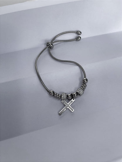 Pulseira de Aço Inox Dora 17 cm com Berloque de Cruz e Separador com Strass