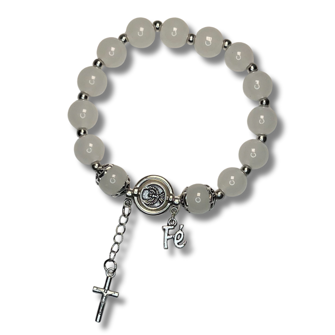 Pulseira de Miçanga com Pingente de Cruz, Fé e Espírito Santo