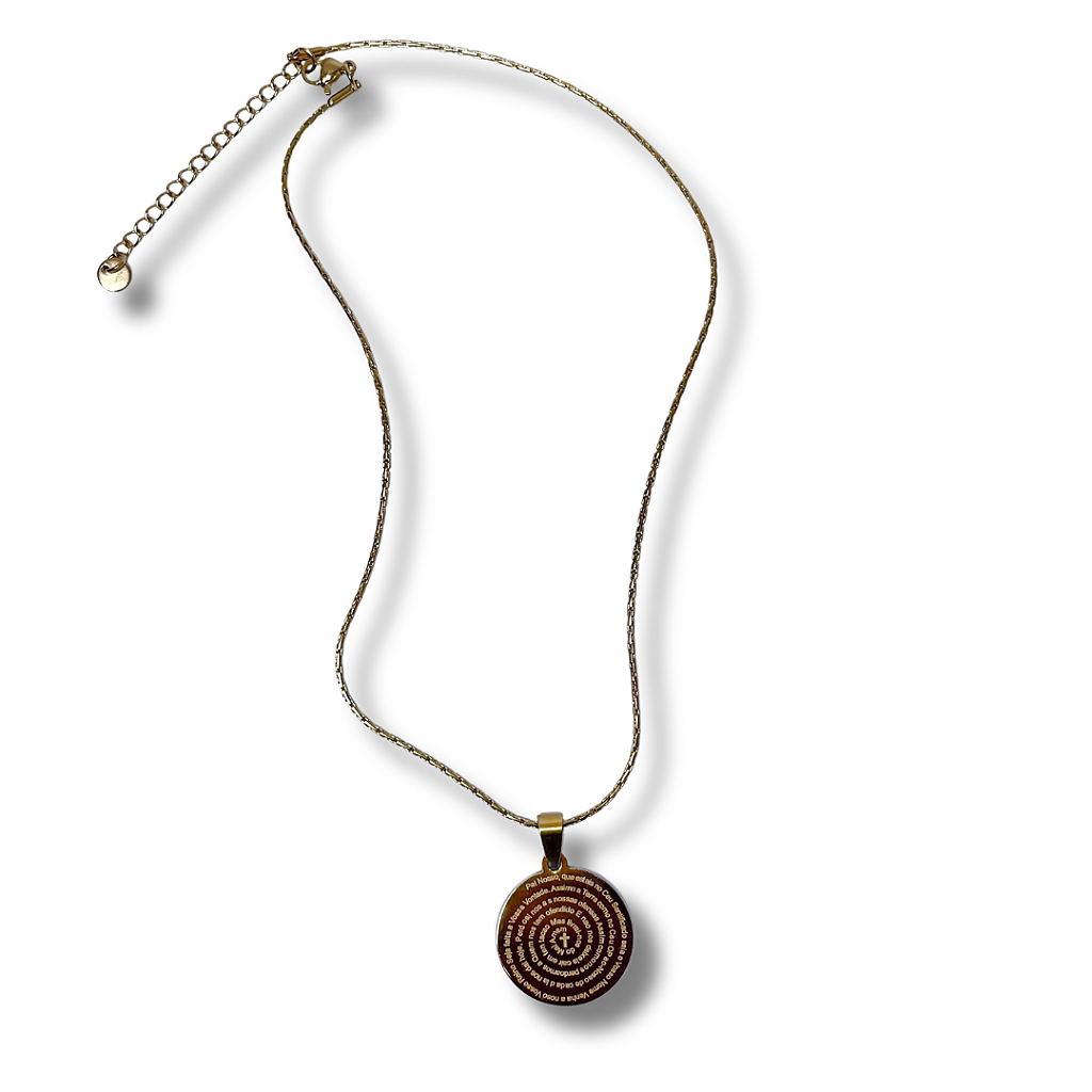 Colar de Aço Inox Dourado com Medalha redonda com Oração do Pai Nosso